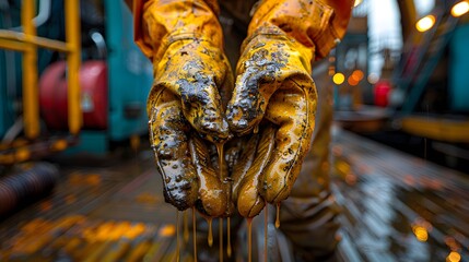 A man wearing yellow gloves is holding his hands out, with oil dripping from his fingers. Concept of messiness and chaos, as the oil is spilling out of the man's hands and onto the ground