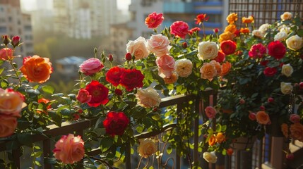 Wall Mural - A balcony with a variety of colorful flowers, including red, pink