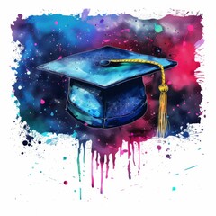 Canvas Print - Banner with graduation cap and smudges of paints, splashes, illustration