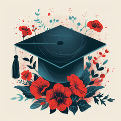 Wall Mural - Graduation cap with tassel and doodle flowers with leaves, illustration.