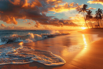 Wall Mural - A tropical beach at sunset, with golden sand and gentle waves, the sky ablaze with oranges and pinks, with palm trees silhouetted against the horizon