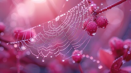A spider web is draped over a pink flower. The web is covered in water droplets, giving it a delicate and ethereal appearance. Concept of tranquility and beauty, as the spider web