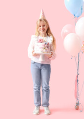 Poster - Cute little girl in party hat with Birthday cake and balloons on pink background