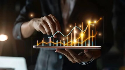 Poster - Businessman using tablet analyzing sales data and economic growth graph chart. Business strategy. Abstract icon. Digital marketing