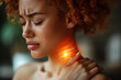 © staras - Thyroid gland inflammation, black woman with pain in shoulder and neck, sore throat and cough