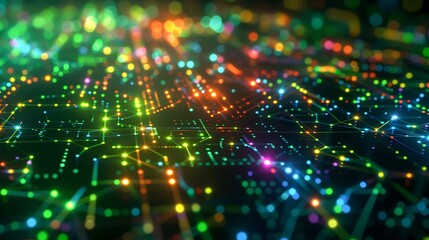 Bright and colorful digital network nodes connected in a vibrant pattern.