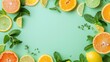 © florynstudio3 - Citrus slices and mint herbs frame on retro mint pastel background with copy space from above. Top view of lemon and orange refreshment