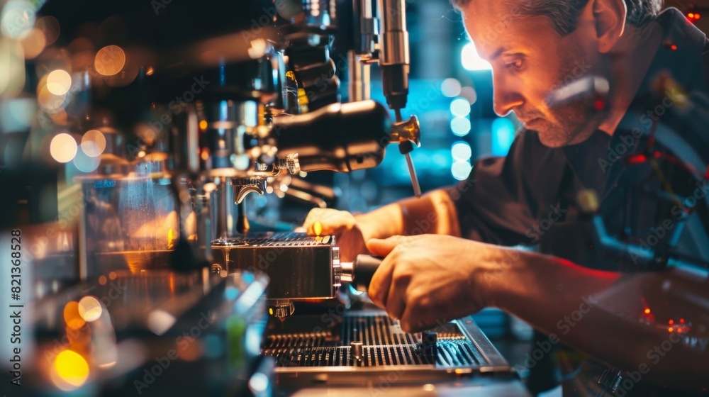 A barista carefully adjusting the settings on the coffee circuit ...