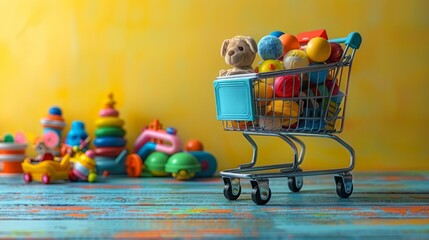 Wall Mural - A shopping cart brimming with colorful toys and games, isolated on a bright, multicolored background, evoking the joy of childhood