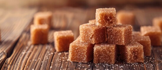 Pile of sugar cubes on wooden table