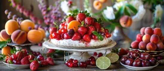 Wall Mural - Cake on fruit-covered table