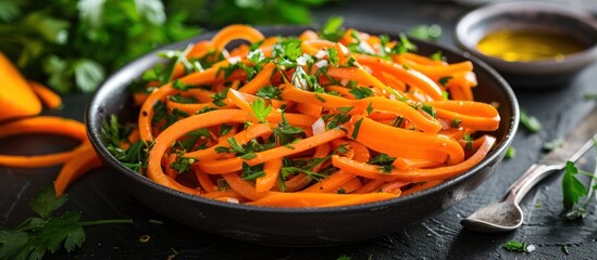 Poster - Fresh carrots and parsley in bowl on table