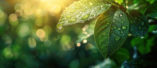 Poster - Green leaf with water drops glistening