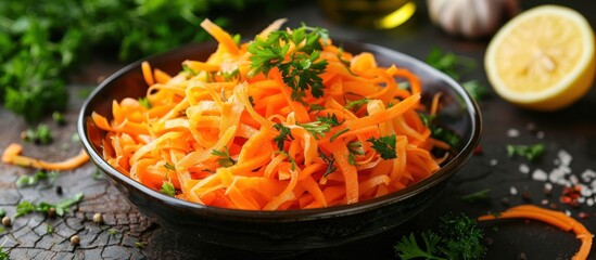 Black bowl filled with carrots and parsley