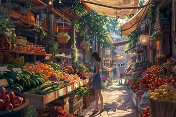 Wall Mural - a bustling farmers market, sampling ripe fruit and fragrant cheeses. The air is alive with the hum of conversation and the aroma of delicious food
