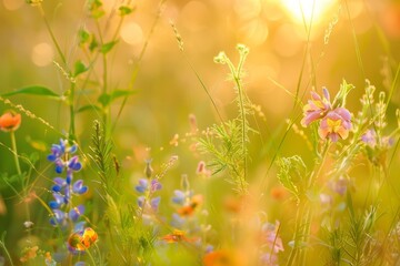 Wall Mural - Various flowers grouped together in a patch of grass, surrounded by green blades swaying gently in the breeze