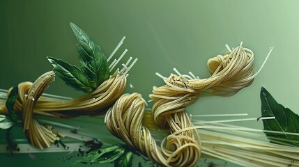 Wall Mural -   A close-up of noodles with a leaf on top and others surrounding it