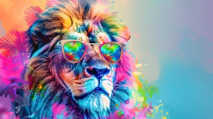 Wall Mural - Abstract animal king of Lion portrait with colorful Afro hairs wearing sunglasses in Hawaii dress theme, Vibrant bright gradients background