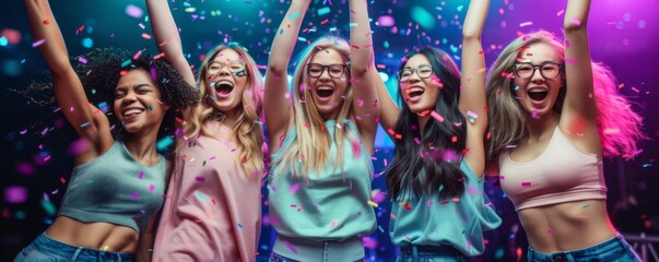 Poster - Depict a lively image of people in their 50s from different ethnicities dancing together at a colorful music festival, their
