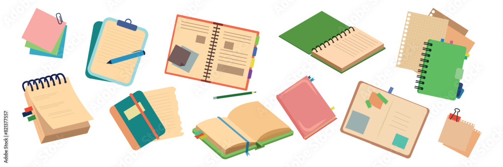 Set of a large collection of notebooks in cartoon style. Vector ...