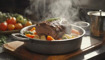 Pot roast with vegetables; in a pot, on a kitchen counter where the steam comes from it