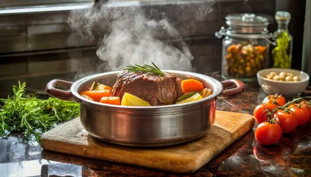 Pot roast with vegetables; in a pot, on a kitchen counter where the steam comes from it