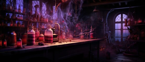 Medieval laboratory with magic potion. Halloween concept.