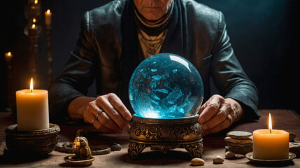 Wall Mural - Fortune teller with illuminated crystal ball or magic orb for future prediction. Horoscope, fate concept. Astrologist reading future