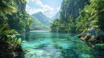 serene tropical lagoon with still waters, surrounded by lush vegetation and rocky cliffs