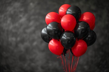 Bunch of red and black balloons are tied together with copy space