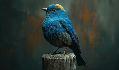 a big blue bunting bird with a golden head standing on a grey wood post