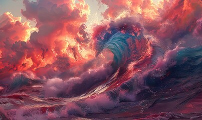 illustration of blue wave crashing amidst swirling red and crimson clouds capturing the essence of natures fury and beauty