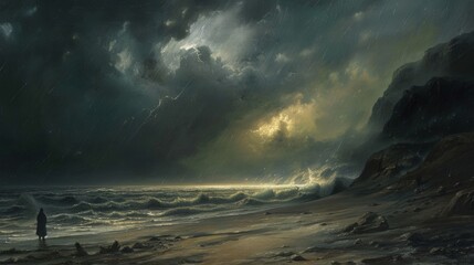 Wall Mural - Lonely Figure On A Stormy Beach