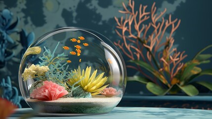 Miniature underwater scene with colorful fish in a glass bowl