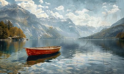 Wall Mural - a boat on a calm mountain lake during foggy conditions