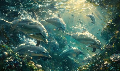 Wall Mural - Divine groups of underwater fish swim in the waterscape