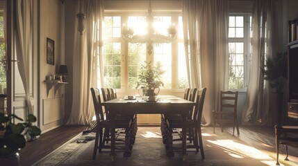 Wall Mural - Cozy and warm atmosphere in the dining room with natural light coming through the curtains generative ai