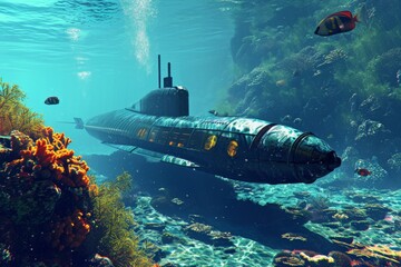 Canvas Print - Underwater exploration with high-tech submarines view, AI generated