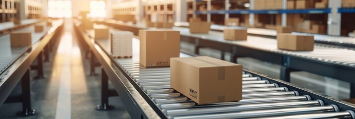 Poster - An automated logistics warehouse is equipped with conveyor belts and cardboard boxes for efficient ecommerce order fulfillment, enhancing shipping and distribution services in the supply chain