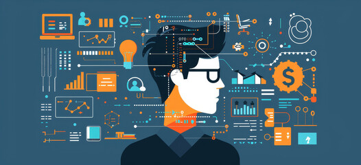 Vibrant digital technology and data concept - An intricate illustration displaying a rich array of data analytics, technology concepts, and digital information processing