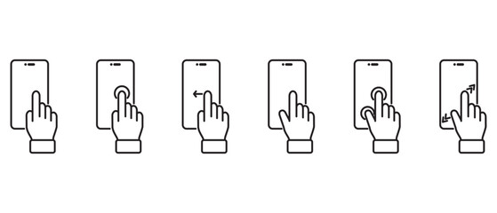 Wall Mural - Finger touch Smartphone gesture icon, Different variations of holding a modern smartphone. Linear collection icon, tapping the screen with a hand. Vector illustration in transparen background.