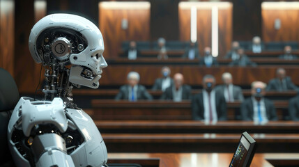 Poster - A robot is sitting in a courtroom with a judge and several people