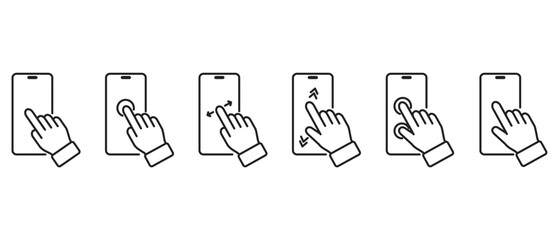 Wall Mural - Finger tap smartphone gesture icon, Outline style hand tuching smartphone  icons, Different variations of tuching a modern smartphone. Tapping the screen with a hand vector in transparent background.