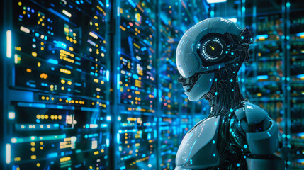 Poster - A robot stands in front of a computer screen with many monitors