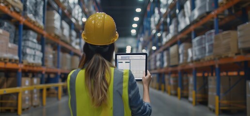 Poster - A female warehouse worker is utilizing a digital tablet for efficient inventory management in a modern warehouse setting. She is seen wearing safety gear like a hard hat and safety vest