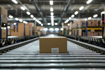 Poster - In a massive warehouse, a cardboard box glides swiftly on a conveyor belt, showcasing toptier supply chain efficiency with advanced automated storage and transport systems in place