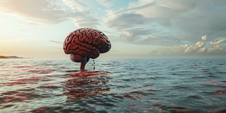 In the middle of the ocean, a brain emerges from the water. Climate change threatens brain health. High quality photo
