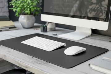 Poster - Modern minimalist office desk and computer - Sleek modern office workspace with a desktop computer, keyboard, mouse, and decorative plants