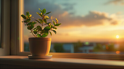 Wall Mural - Houseplant in a Pot on Windowsill with View, Generative AI Illustration