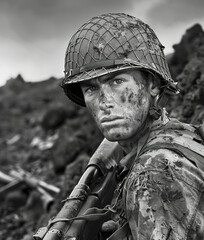 A young U.S. Marine, wearing a soiled combat outfit, stares deeply into the camera.